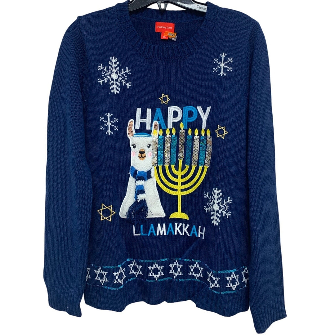 NWT New Holiday Lane Womens Blue Happy Llamakkah Hannukah Long Sleeve Sweater