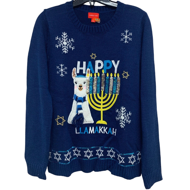 NWT New Holiday Lane Womens Blue Happy Llamakkah Hannukah Long Sleeve Sweater