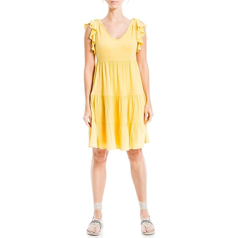NWT New Max Studio Womens Small Yellow VNeck Flutter Sleeve Fit Flare Midi Dress