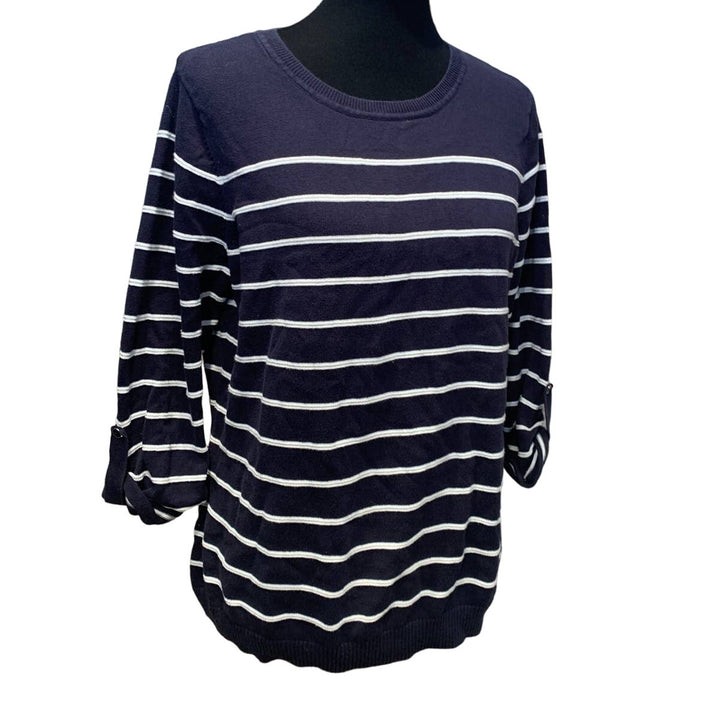 Croft &amp; Barrow XL 100% Cotton 3/4 Sleeve Crew Neck Navy Blue Striped Sweater