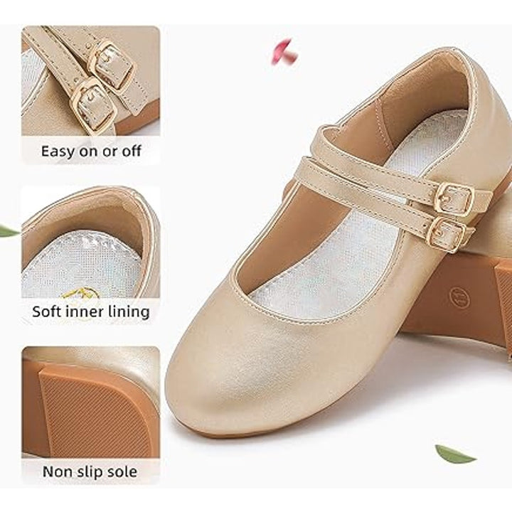 Parrosoo Toddler Girls Size 8 Matte Gold Flats Latch &amp; Hook Close Dress Shoes
