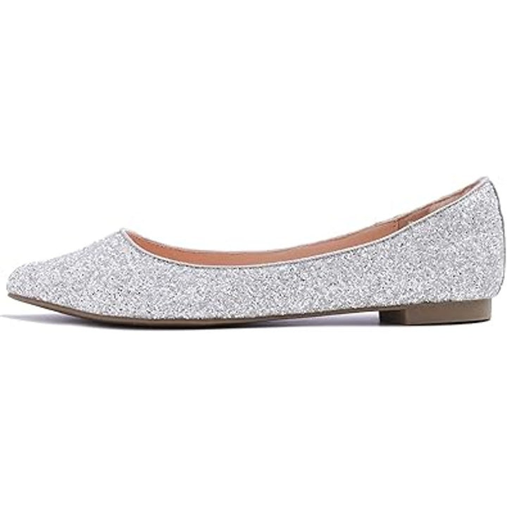 New Fever Sole Womens 7 Silver Glitter Pointed Toe Slip On Ballet Flat Shoes