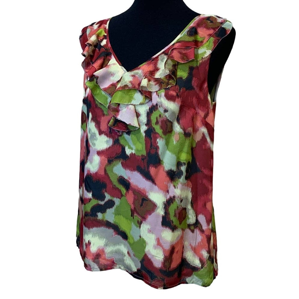 Ann Taylor LOFT Medium Sleeveless Floral V-Neck Ruffled Shell Career Blouse Top