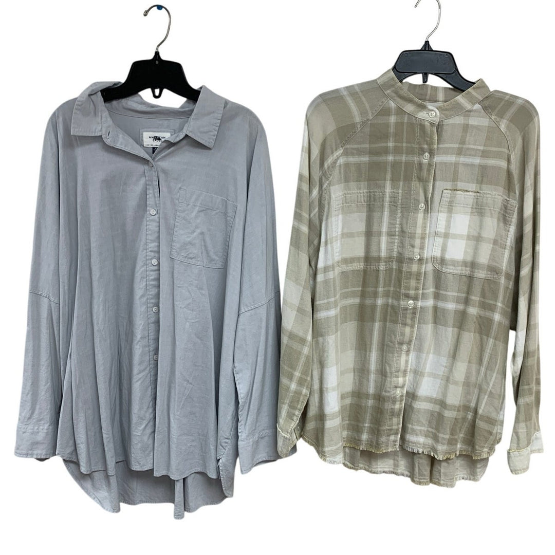 2 New American Eagle Womens Medium Plaid Long Sleeve Oversized Button Up Shirts