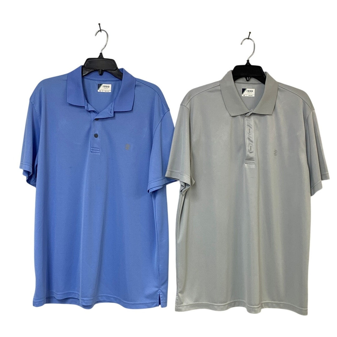 Lot of 2 IZOD Golf Mens XL Blue Gray Polyester Short Sleeve Polo Shirt EUC