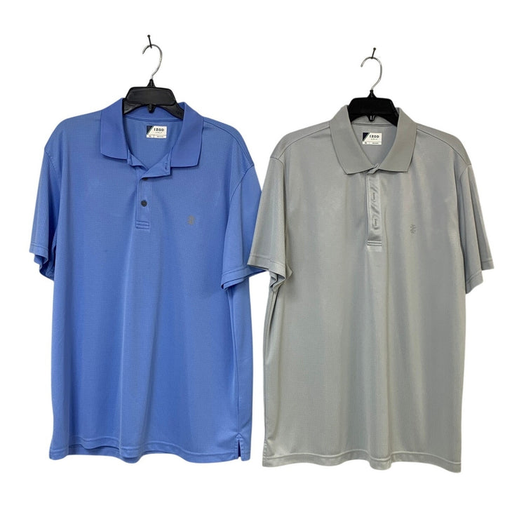 Lot of 2 IZOD Golf Mens XL Blue Gray Polyester Short Sleeve Polo Shirt EUC