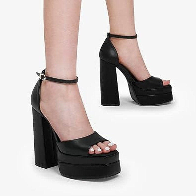 Dream Pairs Womens Size 10 Black Faux Leather 6" Platform Ankle Strap Heel Shoes