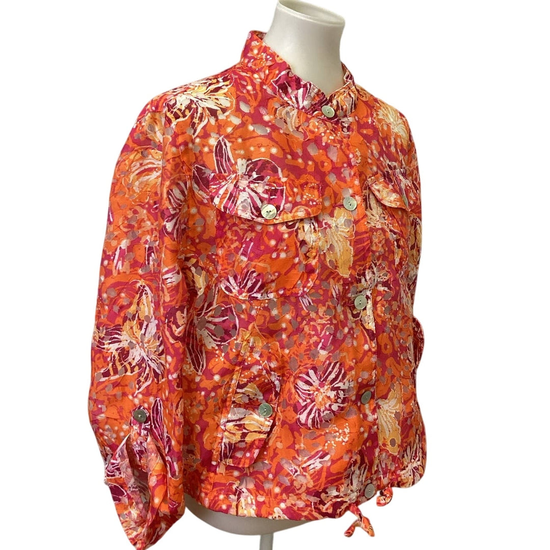 Ruby Rd Womens Plus Size 14 Linen Blend Floral Partially Sheer Button Blouse