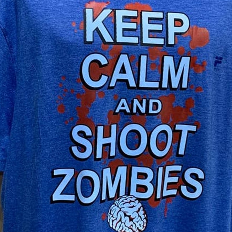 Hand Printed Upcycled Mens XXL Horror Goth Keep Calm Shoot Zombies Hunting Tee