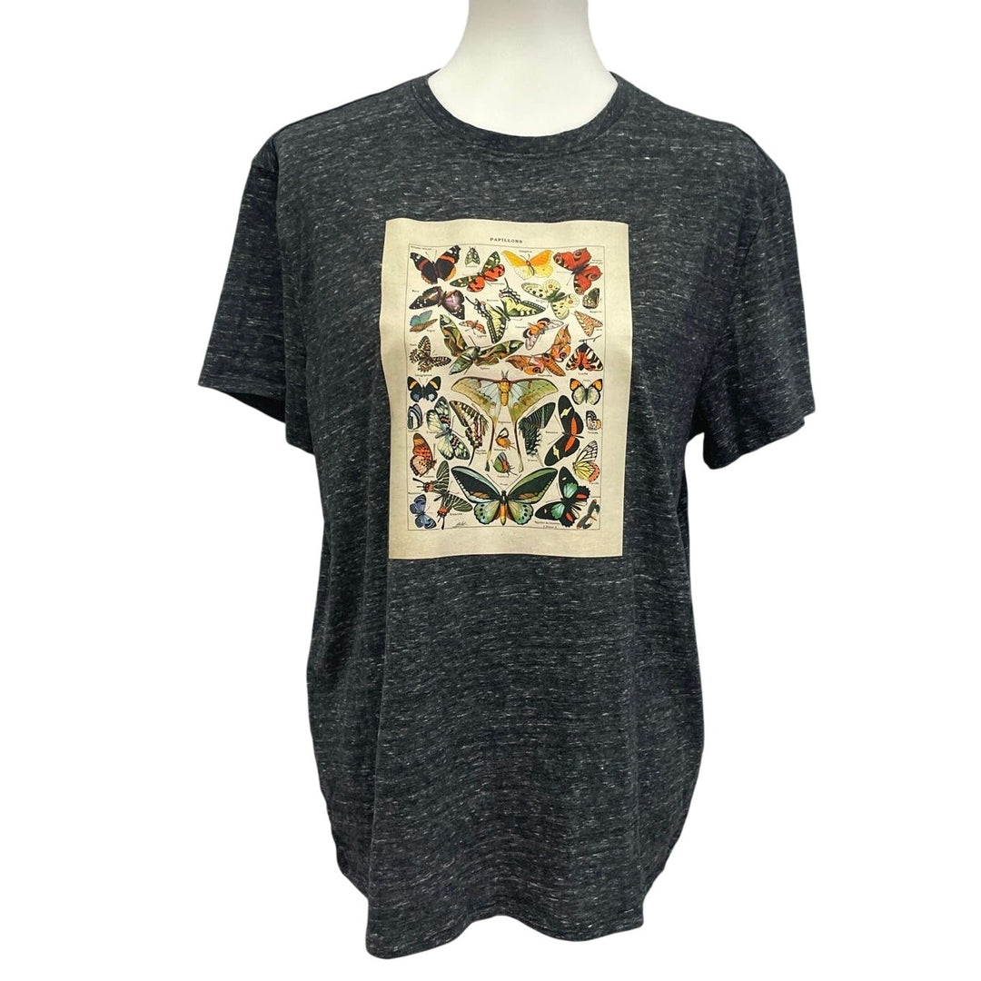 Hand Printed Upcycled Womens Large Vintage Book Page Butterfly Short Sleeve Tee