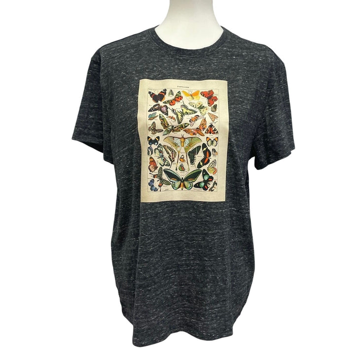 Hand Printed Upcycled Womens Large Vintage Book Page Butterfly Short Sleeve Tee