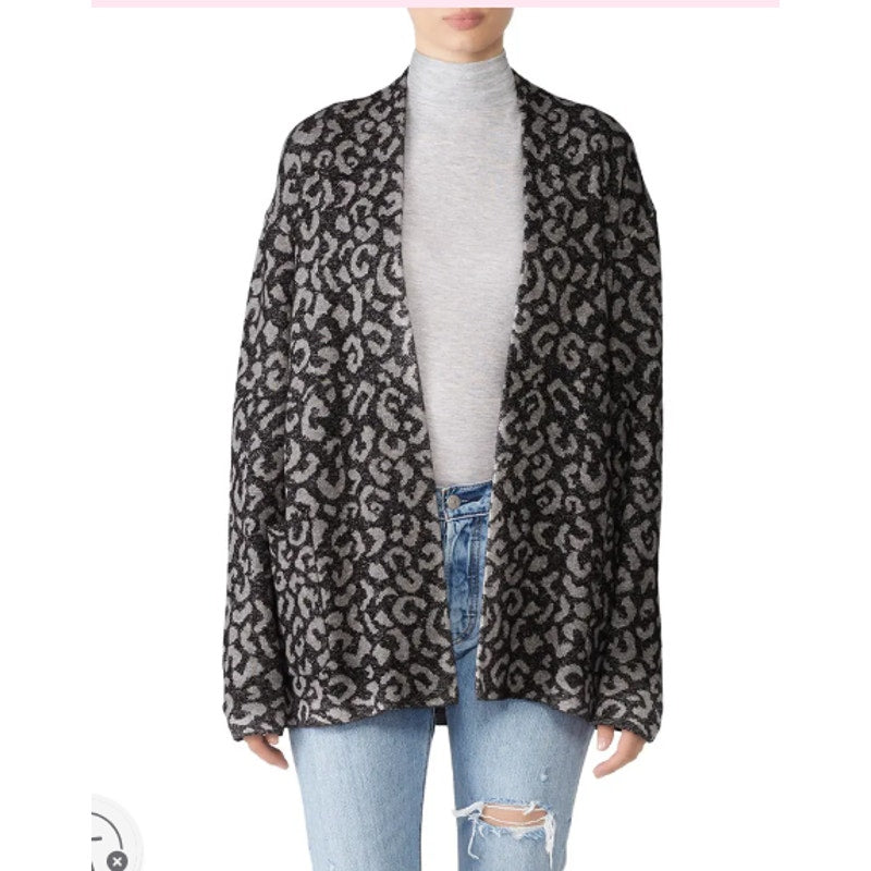 Michael Stars Womens Large Leopard Print Long Sleeve Open Front Cardigan Sweater