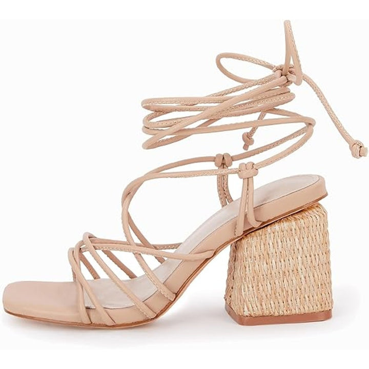 PiePieBuy Womens 9 Tan Gladiator Lace Up 3.5" Chunky Braided Heel Sandal Shoes