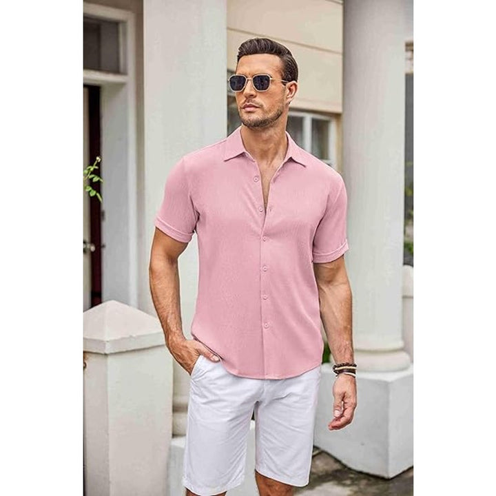 Coofandy Mens Large Pink Short Sleeve Casual Button Up Breathable Collared Shirt