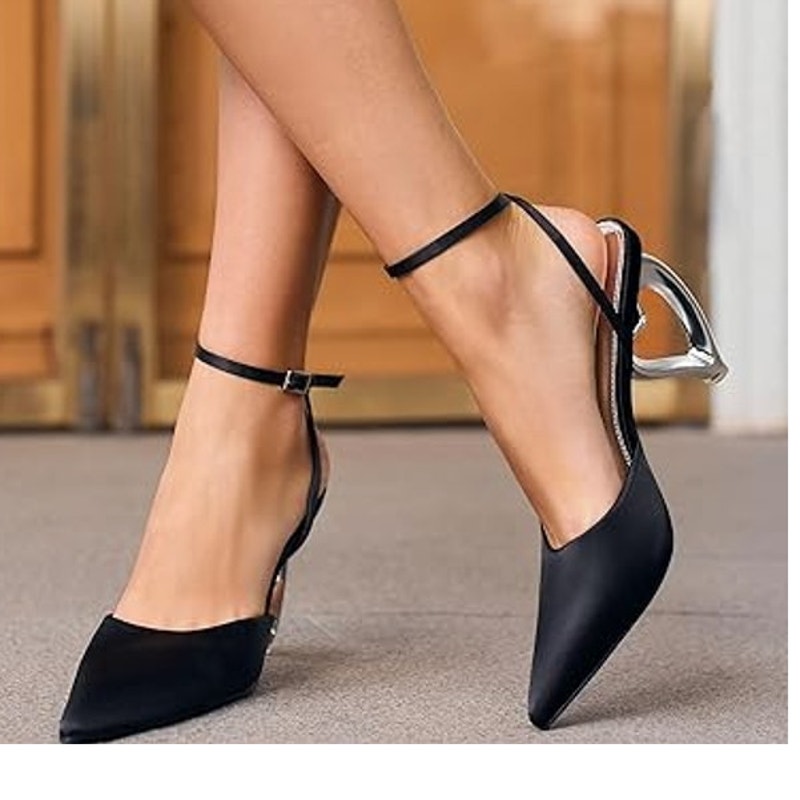 Coutgo Womens Size 8.5 Black Satin Silver Heart 3" Heel Ankle Strap Shoes