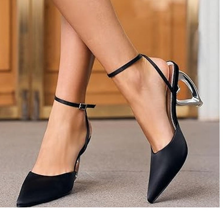 Coutgo Womens Size 8.5 Black Satin Silver Heart 3" Heel Ankle Strap Shoes