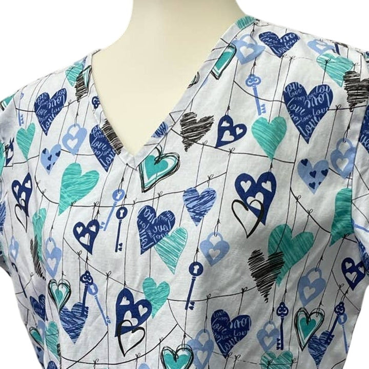 Lot of 2 24/7 Comfort Womens Large Cotton Blend Love Coffee V-Neck Scrub Tops