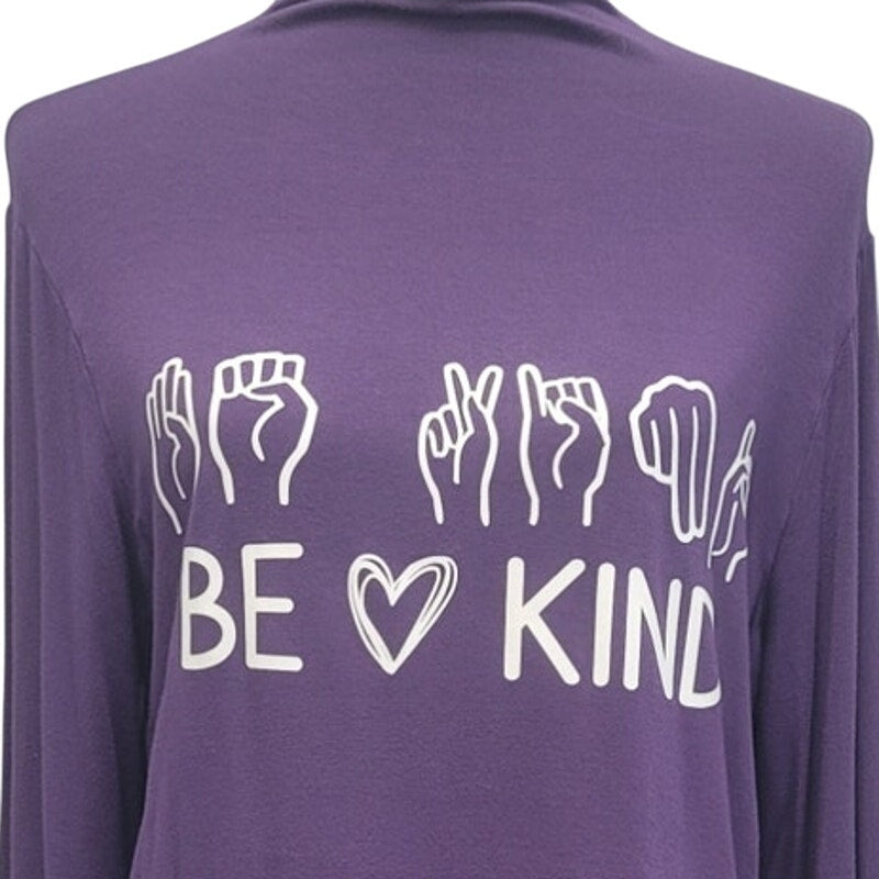 Hand Printed Upcycled Womens XL Be Kind ASL Sign Language Long Mock Neck Top