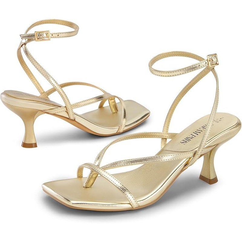 Dream Pairs Womens Size 7.5 Gold Open Toe Thong 3" Heel Ankle Strap Sandal Shoes