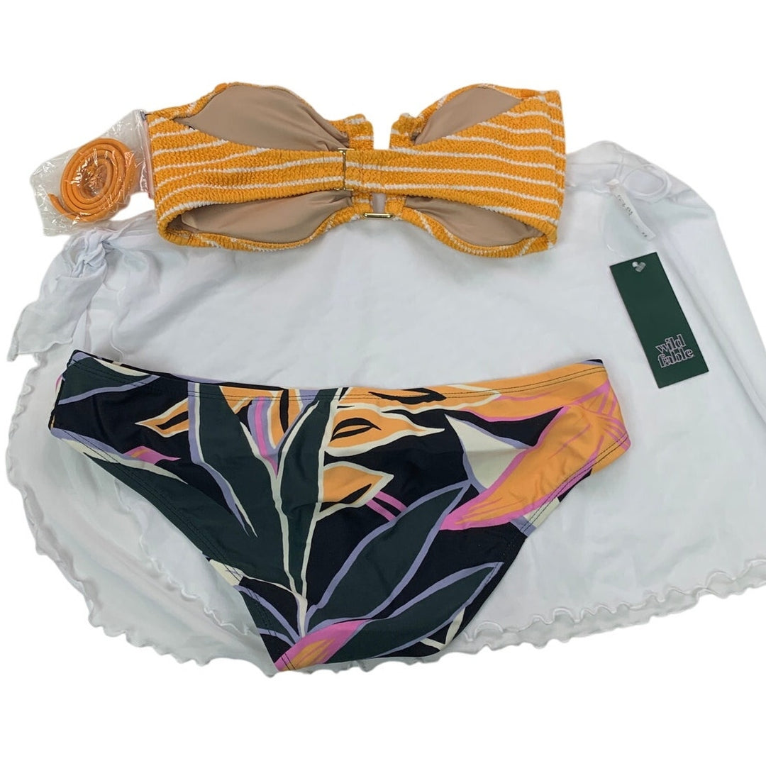 Lot of 3 Womens Medium Stripe Bikini Top Floral Bottoms Sheer White Swim Cover