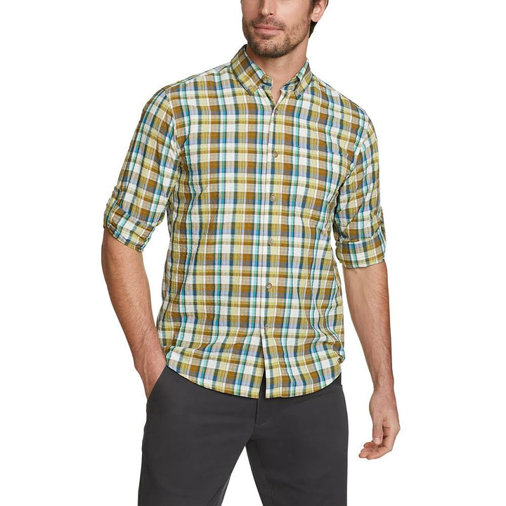 New Eddie Bauer Mens Olive Yellow Seertech Packable Long Sleeve Button Up Shirt