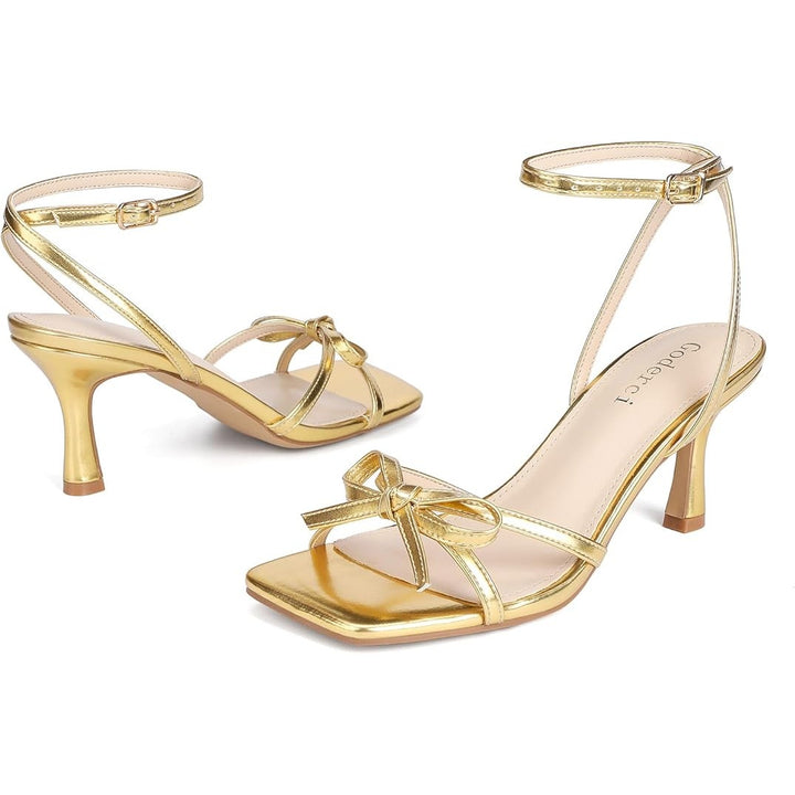 Goderci Womens Size 10 Gold 3" Heels Bow Square Open Toe Ankle Strap Shoes