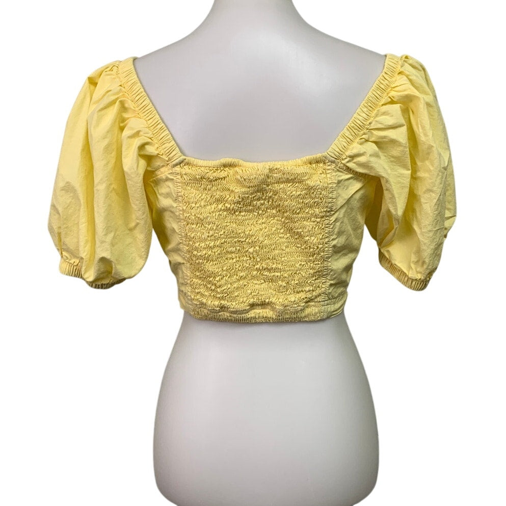 New Aerie Womens Small Pale Yellow Puff Sleeve Smocked Cropped Square Neck Top