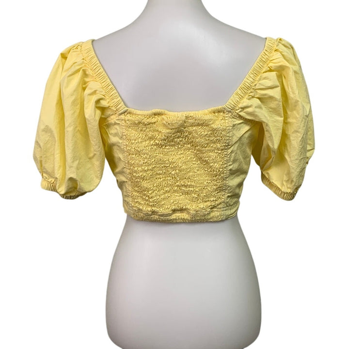 New Aerie Womens Small Pale Yellow Puff Sleeve Smocked Cropped Square Neck Top