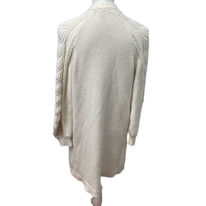 Ann Taylor Small Cotton Blend Long Open Front Cable Knit Cream Cardigan Sweater