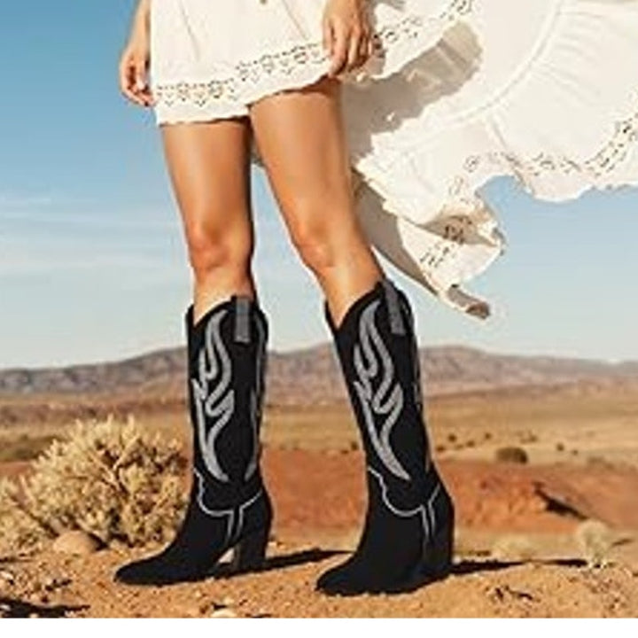 Celbreez Womens Size 7 Black Faux Suede Knee High 4" Heel Western Boots Shoes