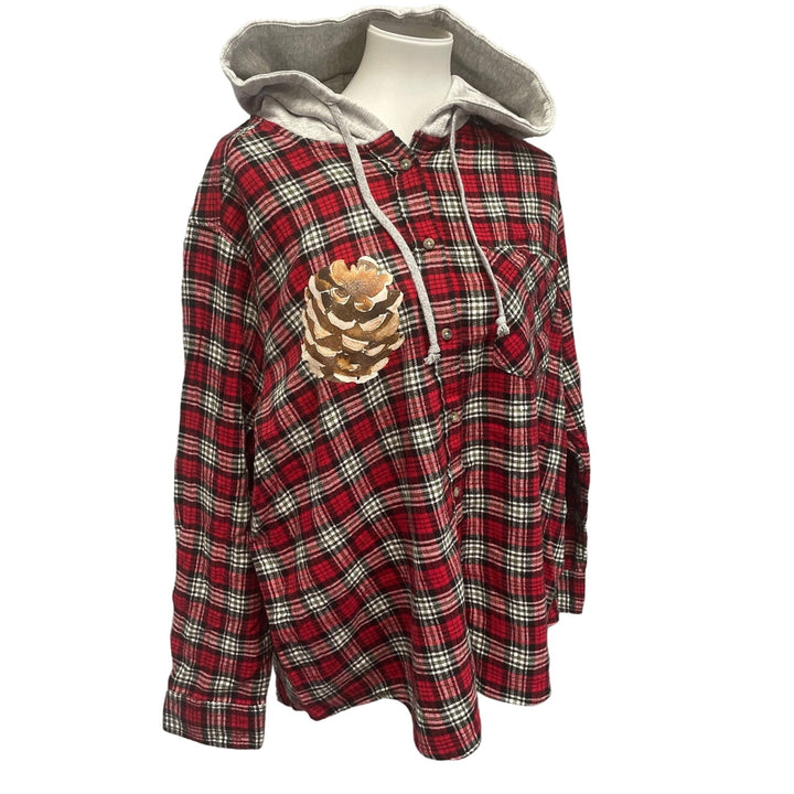 New Hand Printed Womens 3XL Rustic Pine Cone Long Sleeve Plaid Flannel Hoodie