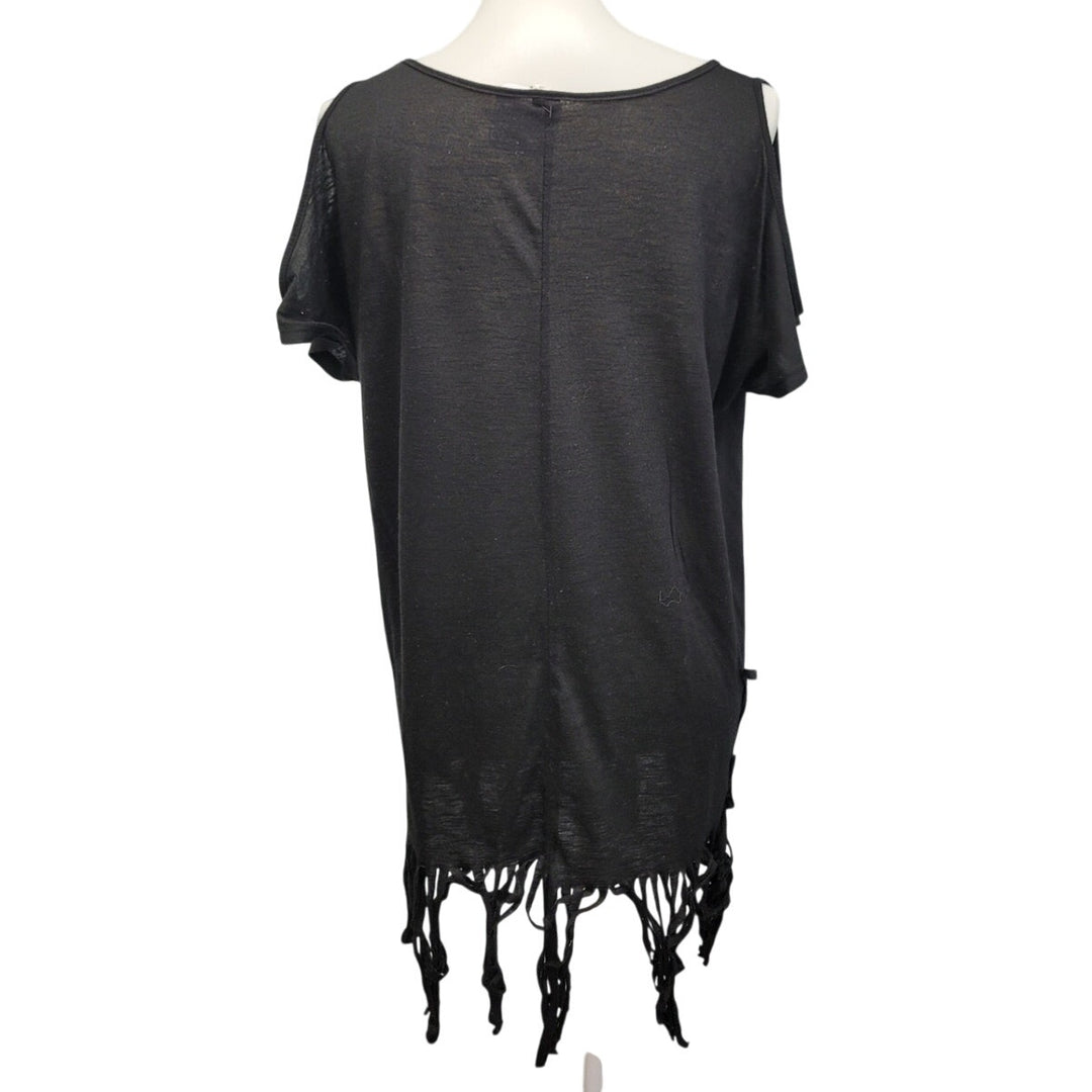 Hand Printed Upcycled Womens Small Mini Mayhem Cold Shoulder Fringed Shirt
