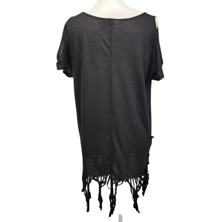 Hand Printed Upcycled Womens Small Mini Mayhem Cold Shoulder Fringed Shirt