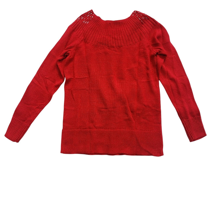 NWT New Apt 9 Womens Medium Red Metallic Long Sleeve Beaded Neck Knit Sweater
