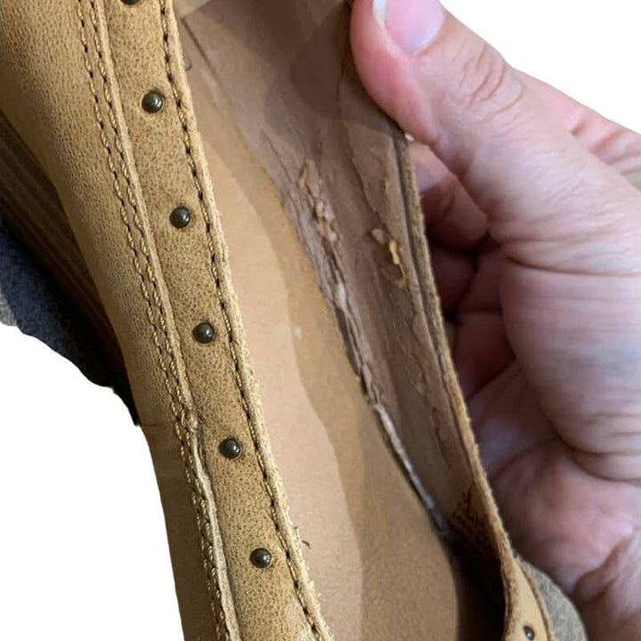 Lucky Brand Size 9.5 Leather Upper Tan Peep Toe Wedge Heel Slip On Shoes