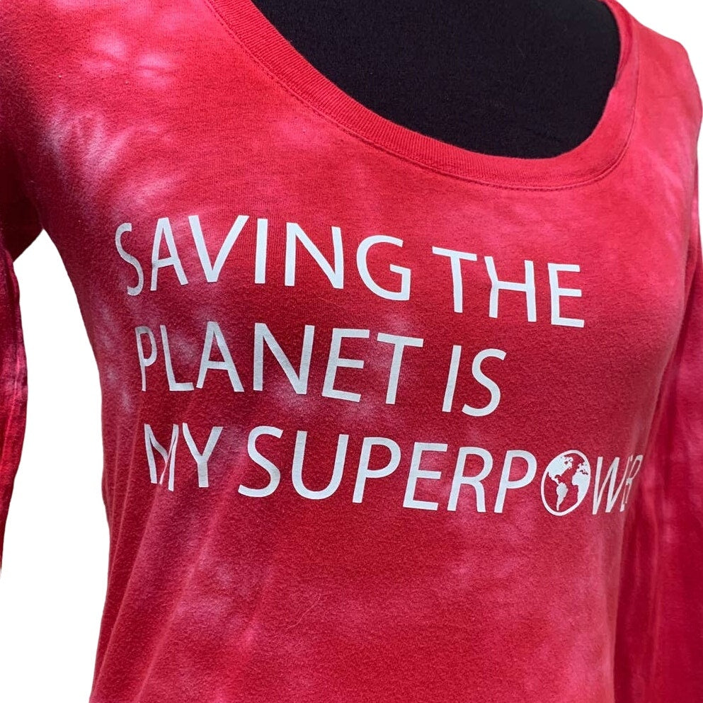 Hand Printed Upcycled Juniors Medium Saving the Planet is My Superpower Tee