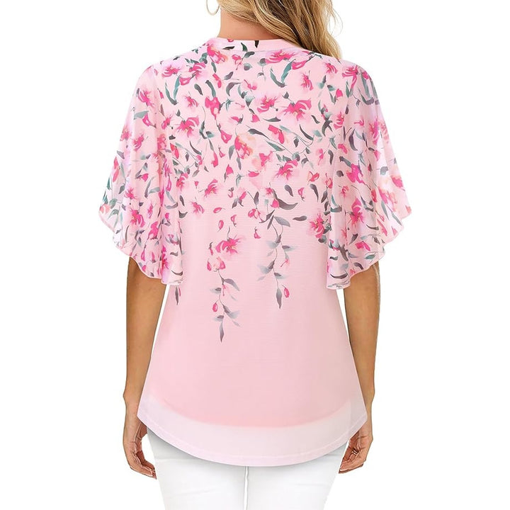 NWT New Timeson Womens Large Floral Flowy Short Sleeve V Neck Layered Blouse