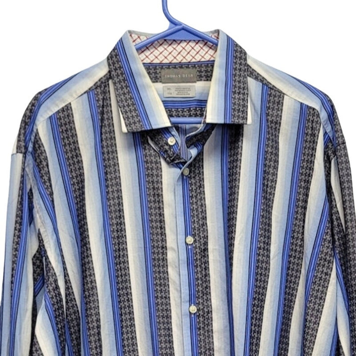 Thomas Dean Mens XXL 100% Cotton Striped Long Button Up Shirt w Front Pocket