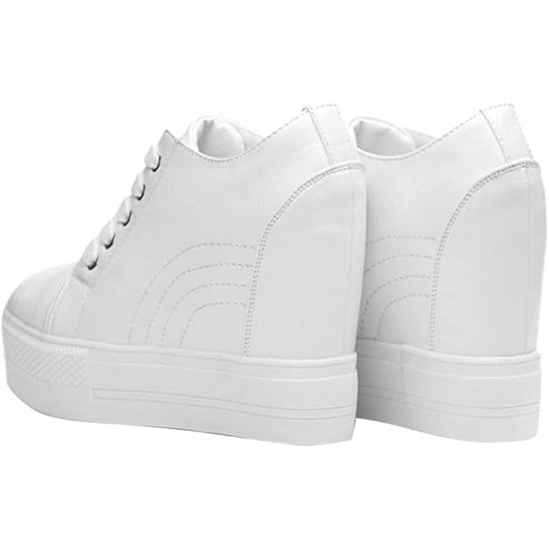 New Womens Size 6 White Faux Leather 4" Hidden Heel Lace Up Wedge Sneakers Shoes