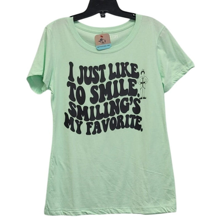 New Hand Printed Womens Medium Elf I Like To Smile Smiling is My Favorite Tee