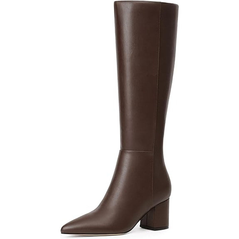 New Easyfox Womens Size 10 Brown Faux Leather 3" Block Heel Zip Knee High Boots