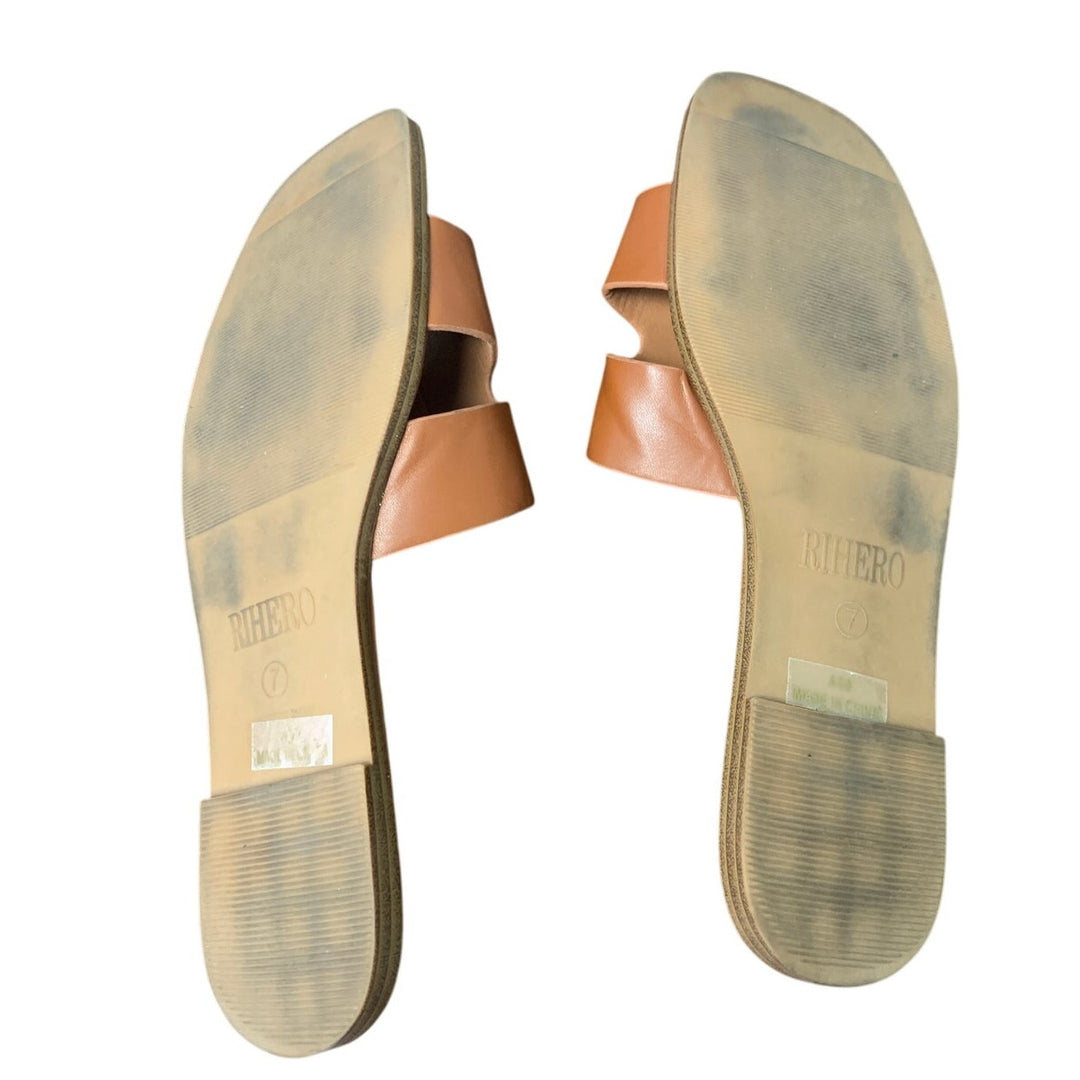 Rihero Womens Size 7 Brown Faux Leather Open Toe Slide On Dressy Flat Sandals