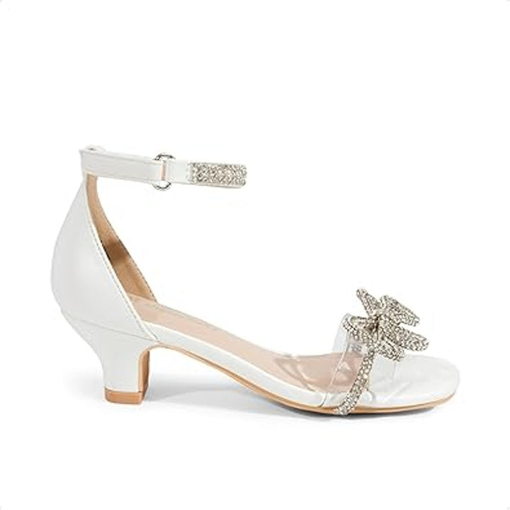Dream Pairs Big Girls Size 4 White Silver Sparkle Bow 2" Heel Ankle Strap Shoes