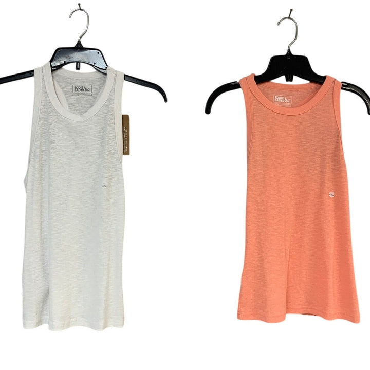 2 New Eddie Bauer Womens XS Pink Grapefruit White Infinity Slub Rib Tank Tops