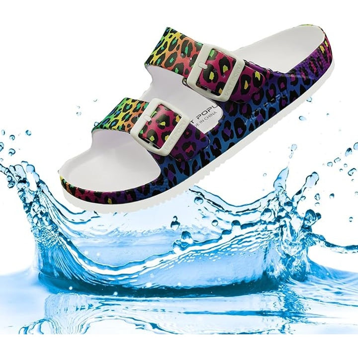 Vict Popu Womens Size 6.5 Rainbow Leopard Slide On Double Buckle Comfort Sandals