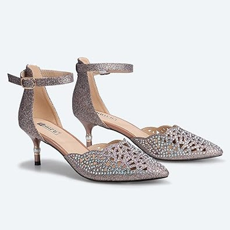 Idifu Womens 9 Rhinestone Glitter 2.5" Pearl Heel Closed Toe Ankle Strap Shoes