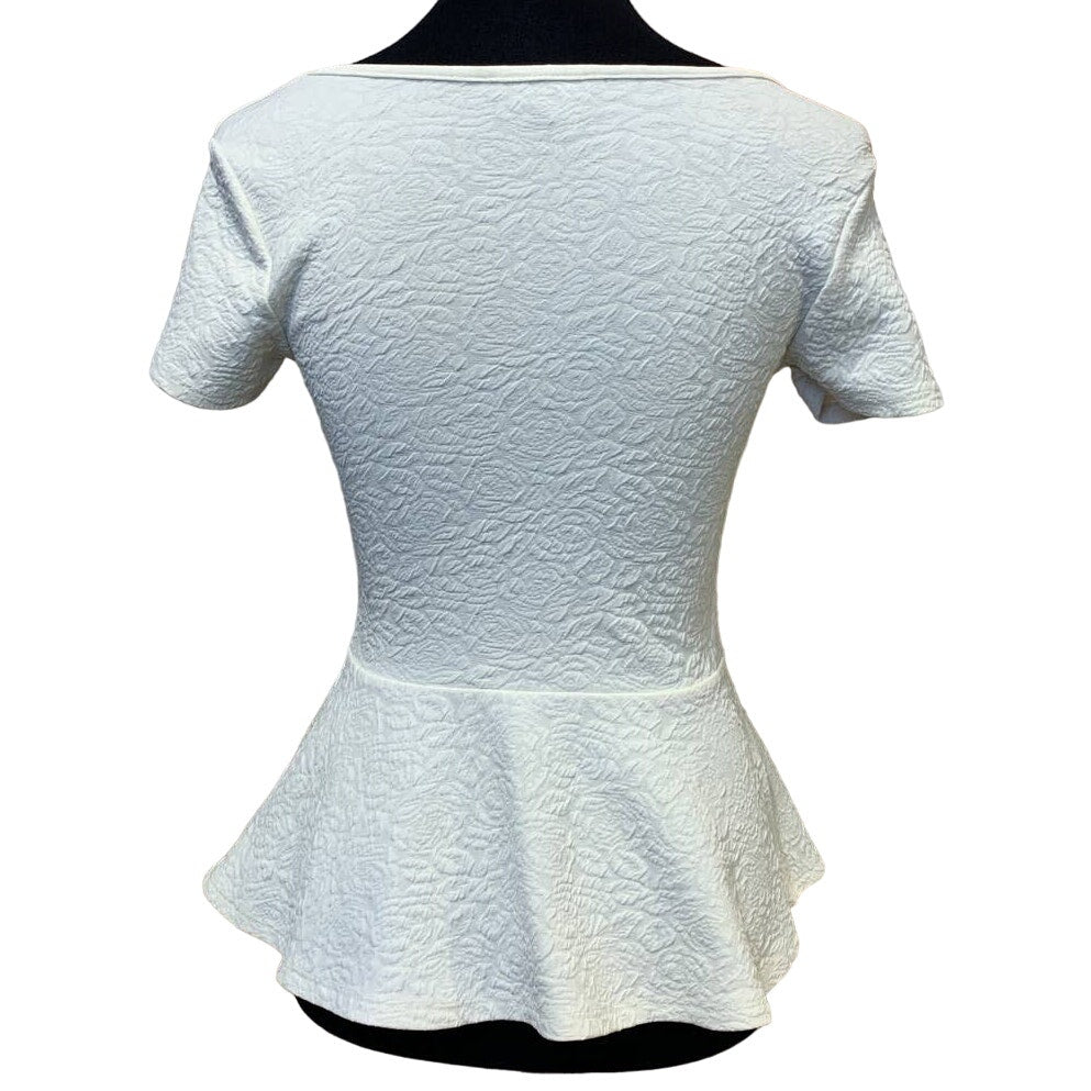 Forever 21 Small White Textured Floral Stretchy Polyester Blend Peplum Top