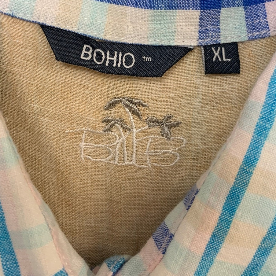 Lot of 2 Bohio Wamaini Mens XL 100% Linen Plaid Short Sleeve Button Up Shirts