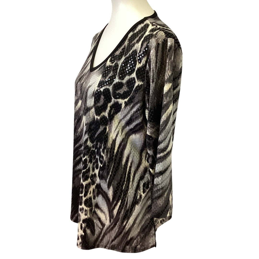 Susan Graver Large Animal Zebra Stripe Leopard Spot V-Neck Sequin Sparkle Top