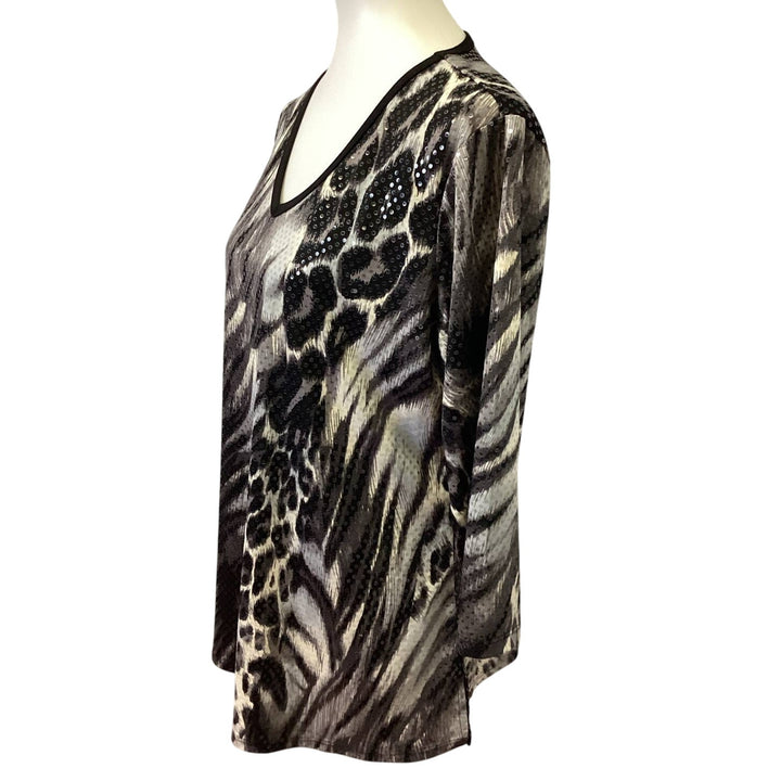 Susan Graver Large Animal Zebra Stripe Leopard Spot V-Neck Sequin Sparkle Top